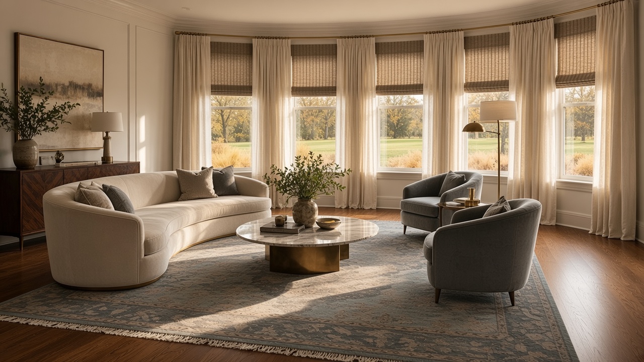 Woven roman shades over a run of windows and an orange air mover on a rug being dried