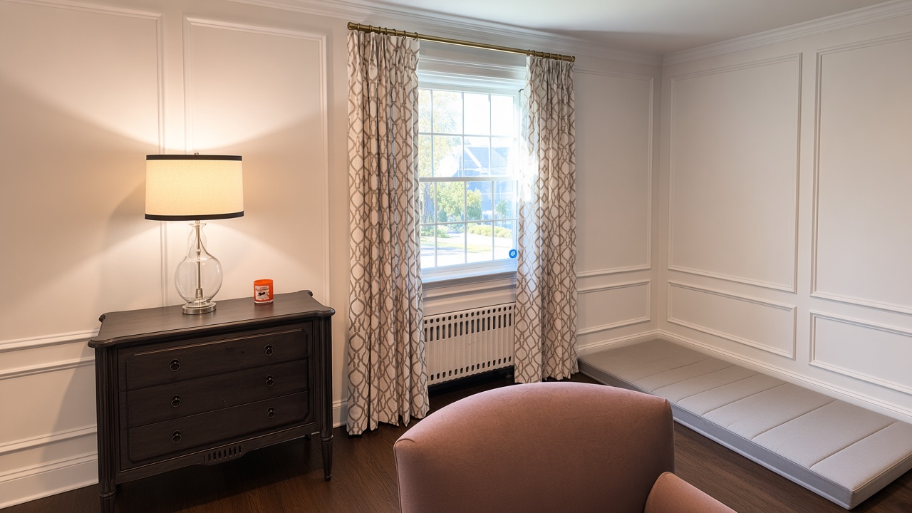 Geometric lattice drapery on a brass rod over a radiator